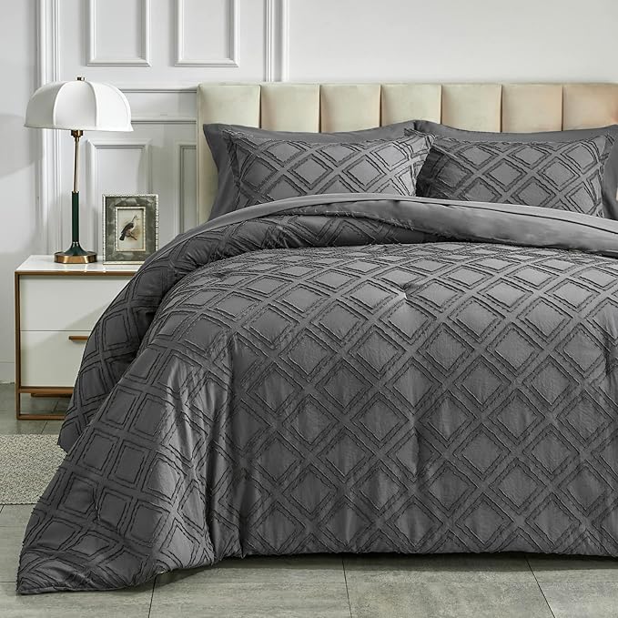 7 Pieces Tufted Bed in a Bag King Comforter Set with Sheets Dark Grey, Soft and Embroidery Shabby Chic Boho Bohemian, Luxury Solid Color with Diamond Pattern, Jacquard Tufts Bedding Set for All Season