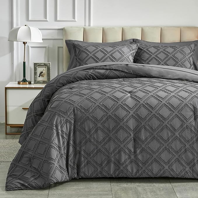 7 Pieces Tufted Bed in a Bag Queen Comforter Set with Sheets Dark Grey, Soft and Embroidery Shabby Chic Boho Bohemian, Solid Color with Diamond Pattern, Jacquard Tufts Bedding Set for All Season