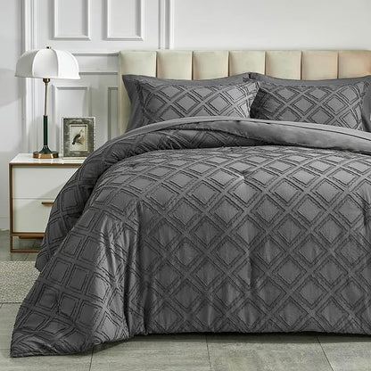 7 Pieces Tufted Bed in a Bag Queen Comforter Set with Sheets Dark Grey, Soft and Embroidery Shabby Chic Boho Bohemian, Solid Color with Diamond Pattern, Jacquard Tufts Bedding Set for All Season