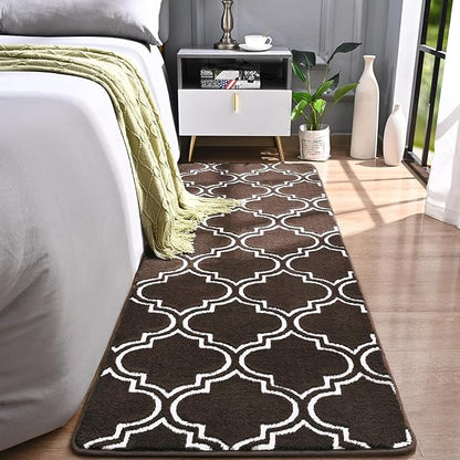 Chicrug Shag Geometric Modern Runner Rug for Bedroom, 2x6 Feet Memory Foam Indoor Hallway Runner Carpet, Fluffy Rug for Living Room Bedside Room Decor for Family, Brown/White