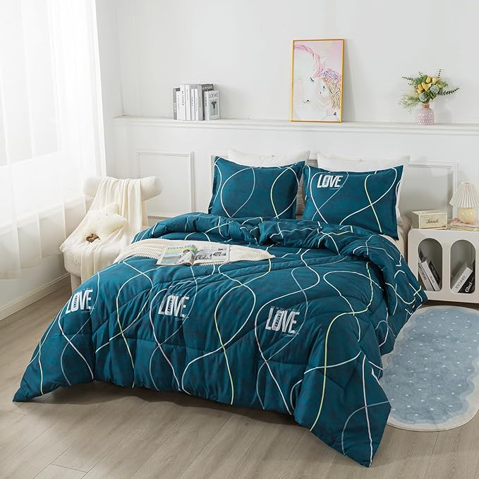 Blue Green Comforter Set Twin Size, 2 Pieces Modern Lines Pattern with Love, Soft Microfiber Bedding Comforter Set, Down Alternative Comforters for All Season (68 * 90’’)