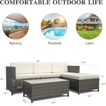 5 Piece Outdoor Patio Sectional Furniture Set, Weather Resistant Rattan Outside Couch, Waterproof Conversation Sofa for Balcony, Porch, Backyard, Deck, Garden,Beige