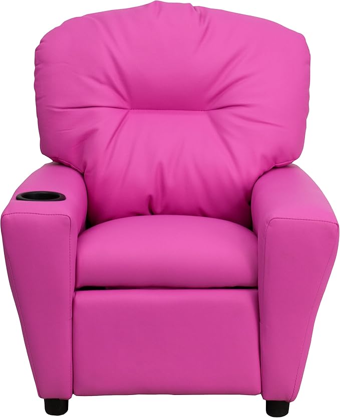 Flash Furniture Chandler Vinyl Kids Recliner with Cup Holder and Safety Recline, Contemporary Reclining Chair for Kids, Supports up to 90 lbs., Hot Pink