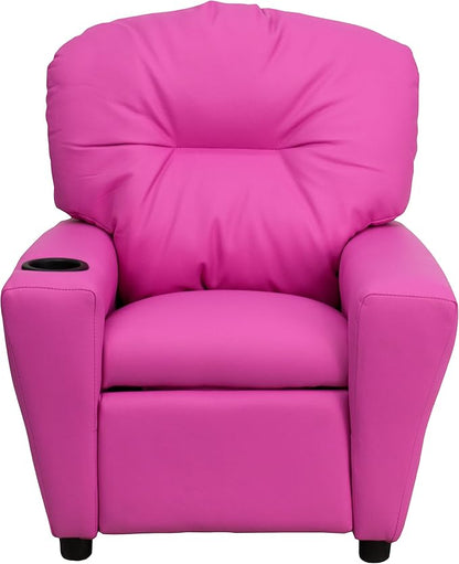 Flash Furniture Chandler Vinyl Kids Recliner with Cup Holder and Safety Recline, Contemporary Reclining Chair for Kids, Supports up to 90 lbs., Hot Pink