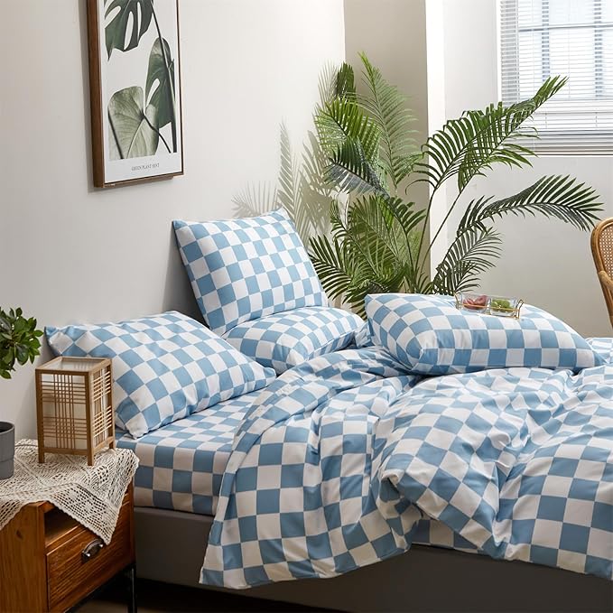 Wellboo Blue White Plaid Comforter Sets Full Women Men Light Blue and White Checkerboard Grid Bedding Comforters Cotton Boys Girls Modern Dusty Blue Checkered Geometric Quilts Luxury Sky Blue Bed
