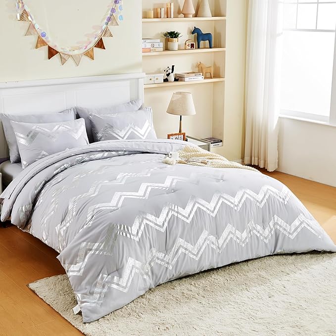 Wowelife Gray Comforter King Size 7 Pieces Silver Glitter Kids Bedding Set Bed in a Bag for Girls with Comforter, Flat Sheet, Fitted Sheet and 2 Pillowcases