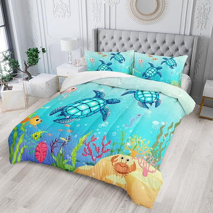 Turtle Comforter Set Queen Ocean Watercolor Sea Turtle Bedding Set Nautical Sea Animal Reptile Bed Set with 2 Pillowcases for Kids Room Decor