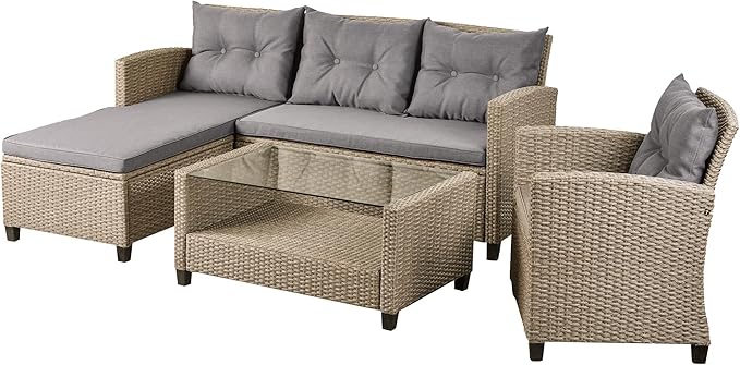 4 Piece Outdoor Patio Furniture Set, Sectional Conversation All-Weather Grey PE Wicker w/Seat Cushions for Backyard Porch Garden Poolside Balcony, Onesize, Ob-Gray