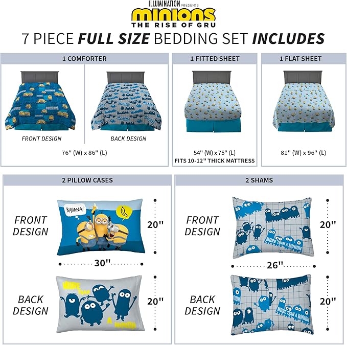 Franco Kids Bedding Super Soft Comforter and Sheet Set with Sham, 7 Piece Full Size, Minions The Rise Of Gru