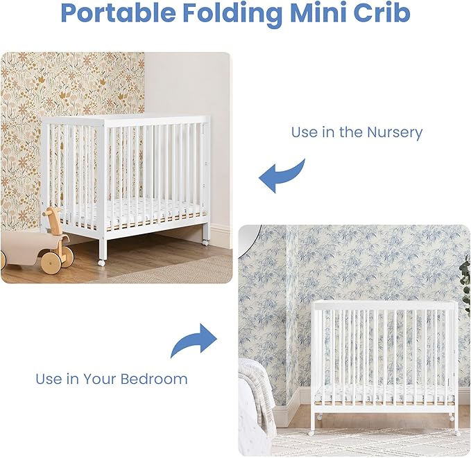 Delta Children Mia Portable Folding Mini Crib with 1.5-Inch Mattress - Greenguard Gold Certified, Bianca White