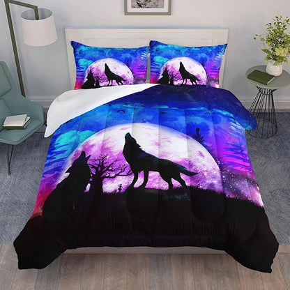 Wolf Comforter Set Galaxy Wolf Night Moon Bedding Set for Kids Teens Room Decor Wild Animals Comforter with 2 Pillowcases