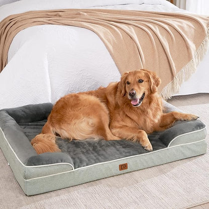 EHEYCIGA Orthopedic Dog Beds for Large Dogs, Waterproof Memory Foam Large Dog Bed with Sides, Non-Slip Bottom and Egg-Crate Foam Large Dog Couch Bed with Washable Removable Cover, Greyish Green