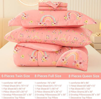 Mooreeke Full Size Comforter Sets for Girls Kids, 8 Pieces Bed in a Bag Pink Rainbow Flowers Bedding Comforter Sheet Set with Shams and Decorative Toy Pillow, Ultral Soft Microfiber Kids Bed Set