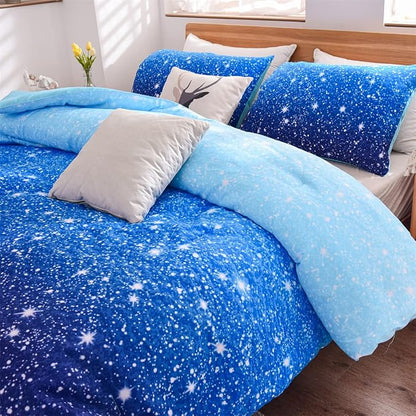 Holawakaka Kids Space Star Galaxy Bedding Comforter Set Twin/Twin XL Size Boys Girls Blue Indigo Ombre Print Gradient Glitter Stars Bed Sets (Blue, Twin)