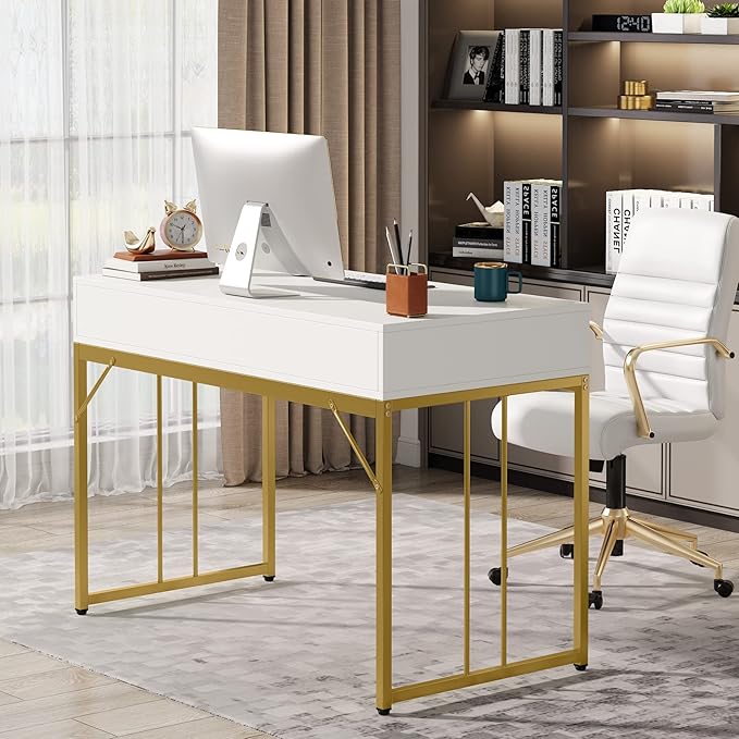 47’’ Computer Desk with 2 Drawers, White Gold Writing Desk Make Up Vanity Table