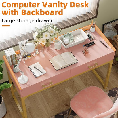 WESTREE Computer Gaming Desk Office - Study Writing Desk with Drawer for Teen, Bedroom Makeup Desk Home Office with Storage Shelf, Height Monitor Stand, Pink