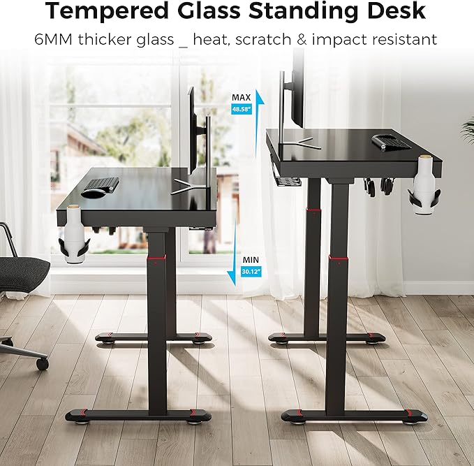 EUREKA ERGONOMIC RGB Glass Gaming Desk, Music Studio Desk, 47 Inch Adjustable Height Computer Desk Music Sensing LED Sit Stand Desk for Home Office Gamer w Dual Motors,USB Ports, APP Control