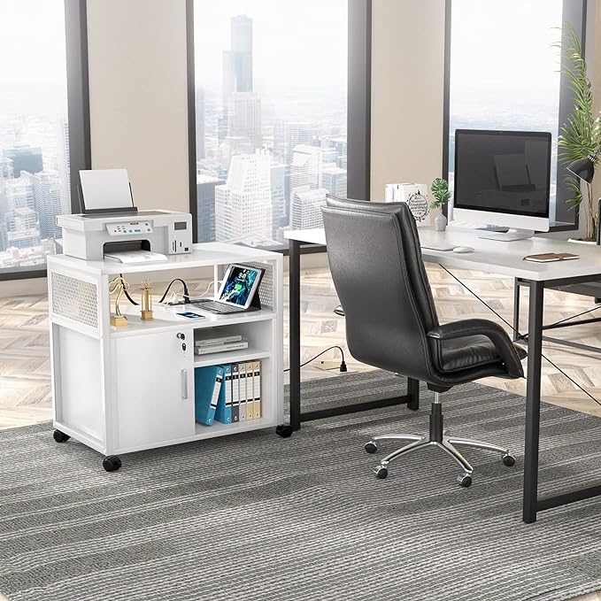 Unikito Rolling File Cabinet Lateral Office Filing Cabinets with Socket and USB Charging Port, Modern Printer Stand on Wheels, Printer Cabinet with Door and Open Storage, Lockable, White