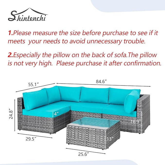 Shintenchi 5 Pieces Outdoor Patio Sectional Sofa Couch, Silver Gray PE Wicker Furniture Conversation Sets with Washable Cushions & Glass Coffee Table for Garden, Poolside, Backyard (Blue)
