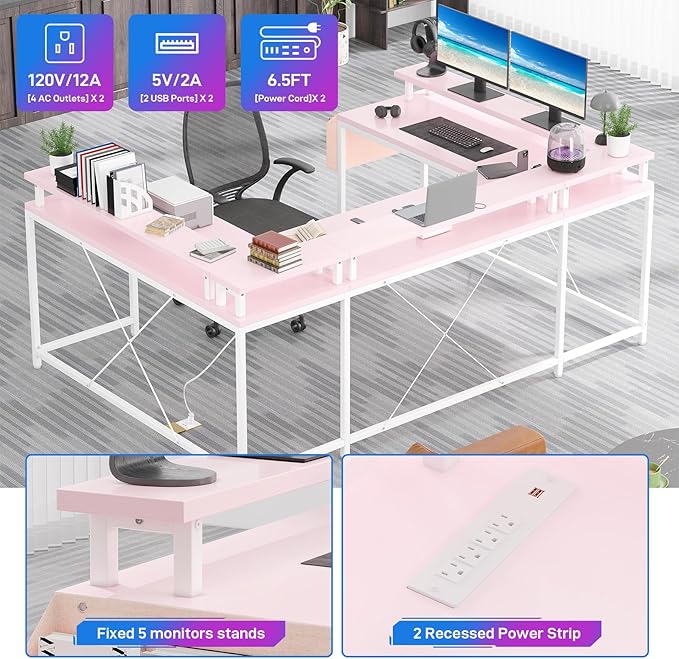 U Shaped Computer Gaming Desk, Reversible L Shaped Desk with Power Outlets, LED Strip & Monitor Stand, Large Corner Desk with Storage Shelves for Home Office,Deep Pink