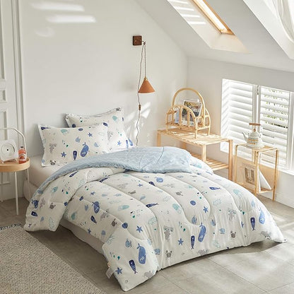 Joyreap 3pcs Premium Cotton Comforter Set for Kids Boys n Girls, Vibrant Ocean Theme Starfish Whale Crab Printed, Skin-friendly Breathable Bedding Comforter for All Season (Twin, 68x88 inches)