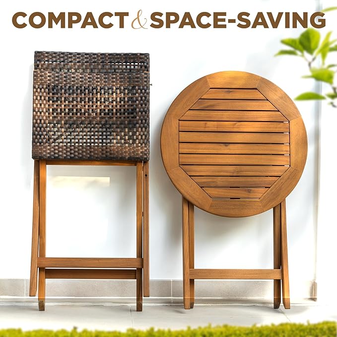 Wood Wicker Design Heavy Duty 400lbs Capacity Premium Patio Bistro Set 3 Piece Outdoor, Onesize