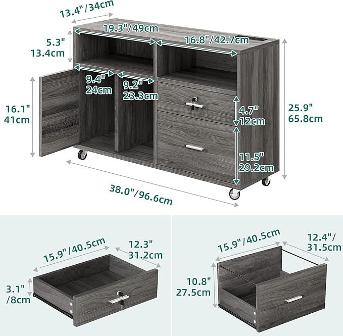 DWVO 2 Drawer File Cabinet with Charging Station, Mobile Filing Cabinet with Lock, Grey