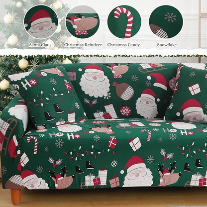 Mybedsoul Christmas Sofa Cover Santa Claus Printed Sofa Couch Cover Washable Furniture Protector with Elastic Bottom Xmas Home Room Festival Decoration(2 Seater/Loveseat)