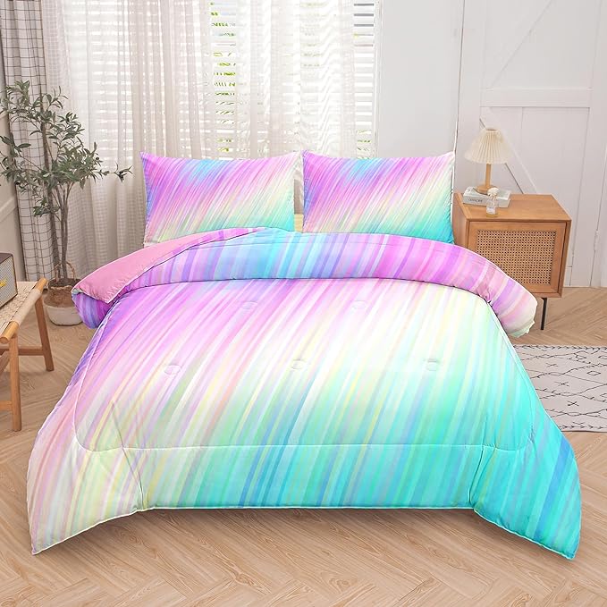 Bodhi pink full comforter set,comforter set for girls,tie dye bedding set for kids,kids girls bedding sets,full comforter sets for girls,3PCS rainbow bedding set with pillowcase