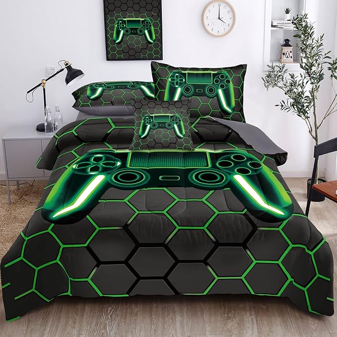 Kids Gaming Bedding Sets, 6 Piece Gamer Comforter Sets for Teens Boys Queen Size for Bedroom Comforter Set Adult 3D Gamepad Microfiber Bedding Sets Fits All Season (Queen Comforter