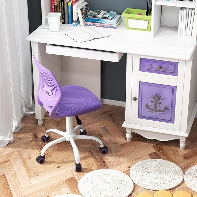 Kids Desk Chair, Purple Ergonomic Kids Office Chair Ages8-12 w/Lumbar Support, Low-Back Teen Desk Chair for Girls Boys, Small Cute Kids Computer Chair for Bedroom/Study/Vanity Desk