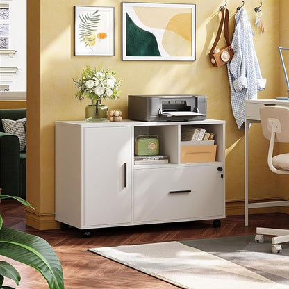 DEVAISE Office File Cabinet with Lock, 1-Drawer Wood Lateral Filing Cabinet on Wheels, Printer Stand with Open Storage Shelves for Home Office, White