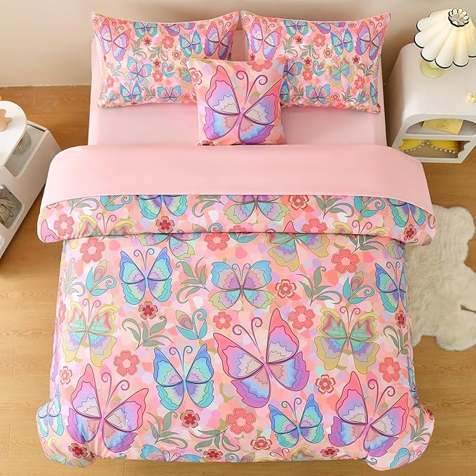 Butterfly Bedding Set Twin, Pink Butterfly Comforter Set for Girls Kids Teens 6 pcs Bed in a Bag Twin Bedding Sets for Girls