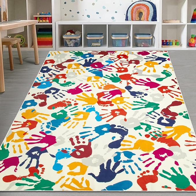 Large Colorful Kids Rug 6x9 Ft, Non-Slip Washable Rug for Classroom, Handprints and Footprints Rugs for Playroom, Soft Nursery Rug Indoor Play Mat for Kids Room Daycare School