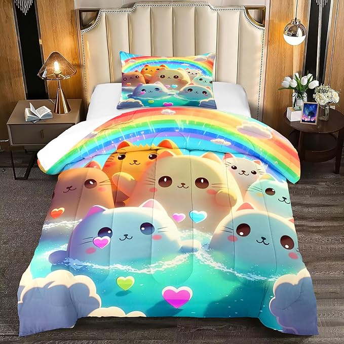 Cat Comforter Set - Cartoon Cat Twin Bedding Set for Girls Cute Cat Rainbow Printed Kids Bedding Set for Girls Kids Teens All Season Kawaii Cat Twin Quilt Set, 1 Comforter+1 Pillowcase