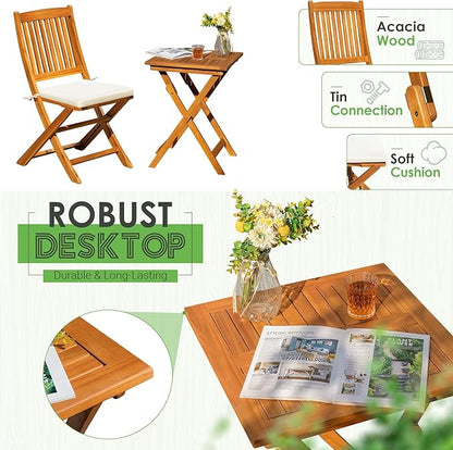 Greesum 3 Piece Patio Folding Furniture Bistro Set with 2 cushions for Pool Beach Backyard Balcony Porch Deck Garden, Acacia Wood