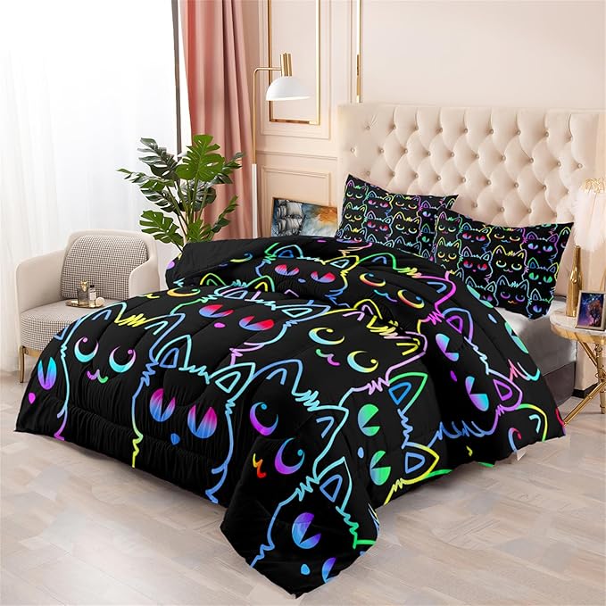 Cats Full Size Comforter Set for Girls - Cartoon Cats Bedding Set for Girls Room Lovely Cats Pattern Girls Bedding Set Soft Breathable Cats Comforter with 2 Pillowcases for All-Season