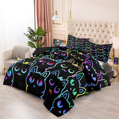 Cats Full Size Comforter Set for Girls - Cartoon Cats Bedding Set for Girls Room Lovely Cats Pattern Girls Bedding Set Soft Breathable Cats Comforter with 2 Pillowcases for All-Season