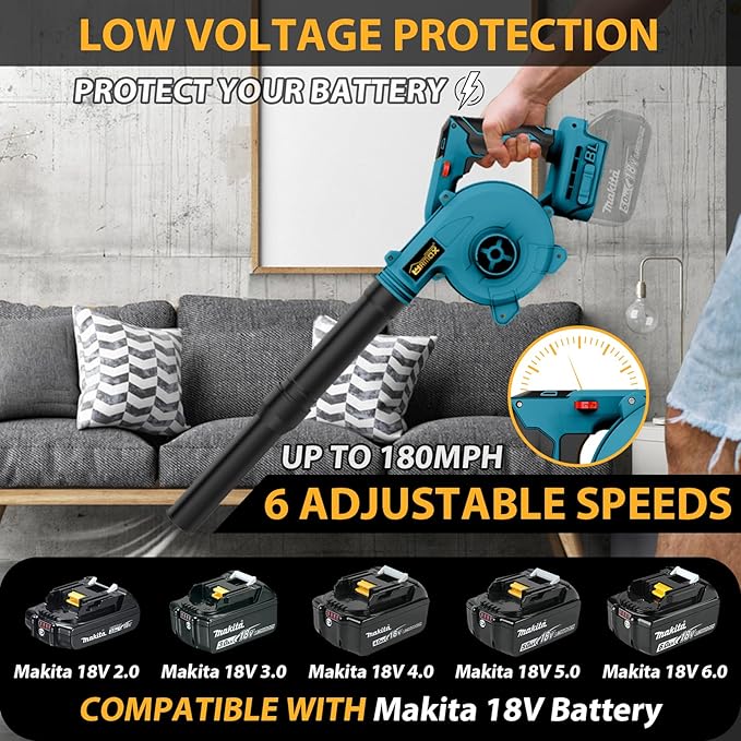Cordless Leaf Blower for Makita 18V Battery, 2-in-1 Handle Electric Blower + Vacuum Cleaner, 6 Variable Speed Up to 180MPH, Electric Jobsite Air Blower with Brushless Motor (Battery Not Included)