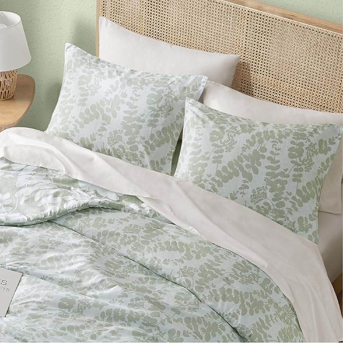 Codi Sage Green Comforter Set King Size, Floral Bedding Sets for Women | Nature Botanical Style, Unique Reversible Design, Better for Spring and Summer | Leaf Print 3 Pieces