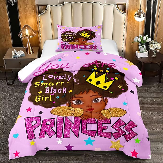 Black Girl Comforter Sets Twin-African Black Girls Twin Comforter Sets for Girls Cute Black Girl Twin Bedding Sets for Girls Princess Room Decor for Girls Bedroom, Twin (1 Comforter 1 Pillowcase)