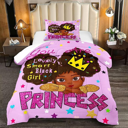 Black Girl Comforter Sets Twin-African Black Girls Twin Comforter Sets for Girls Cute Black Girl Twin Bedding Sets for Girls Princess Room Decor for Girls Bedroom, Twin (1 Comforter 1 Pillowcase)