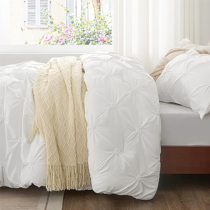 BEDELITE White King Size Comforter Set - 3 Pieces Boho Pintuck Bedding Comforter Sets, Lightweight Soft & Warm King Bedding Set with 2 Pillowcases for All Season