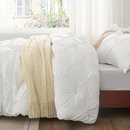 BEDELITE White King Size Comforter Set - 3 Pieces Boho Pintuck Bedding Comforter Sets, Lightweight Soft & Warm King Bedding Set with 2 Pillowcases for All Season