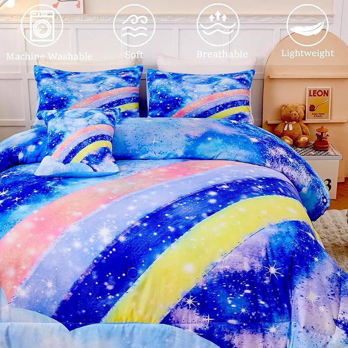 6Pcs Rainbow Girls Comforter Sets Full Size Blue Tie Dye Bed in A Bag for Kids/Teens Sparkle Galaxy Bedding Comforter Set Soft Lightweight Girls Bedding Sets for All Season