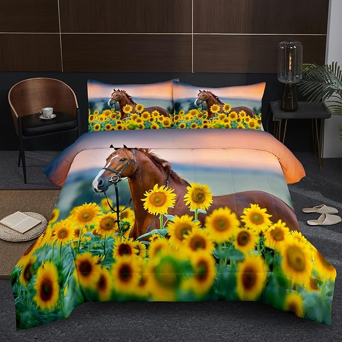 NINENINE Horse Comforter Bedding Set Full for Boys Teens,Horse Walking Among Sunflowers Pattern Printed Bedding Set,Sunflower Comforter Set,Soft Microfiber Quilt Set with Matching Pillowcase#5002