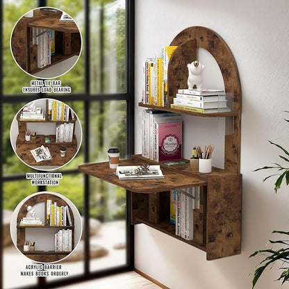 Wall Mounted Drop-Leaf Table, Floating Laptop Desk, Folding Table with Shelves, Multifunctional Computer Workstation Storage Compartments in Home Office for Space Saving (Rustic Brown)