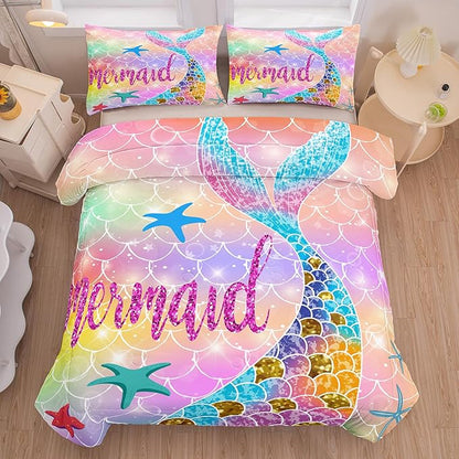 NINENINE Mermaid Tail Comforter Set Twin Size Rainbow Bedding Sets for Girls,Princess Comforter Sets for Teens Girls,Kids Fish Scales Bedding Sets with 1 Comforter 1Pillowcase