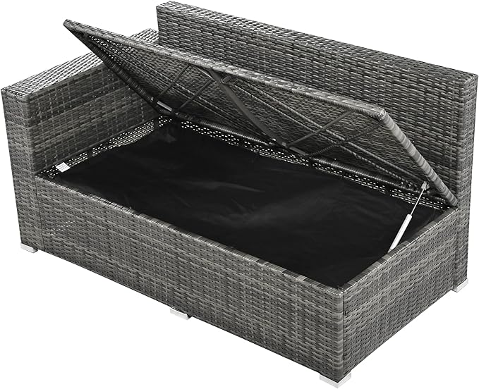 6-Piece Outdoor Furniture Set with Dining Table, Adjustable Seat and Storage Box, All Weather PE Rattan Patio Conversation Sofa L-Shaped Couch for Garden Lawn, Grey Wicker+Beige Cushion