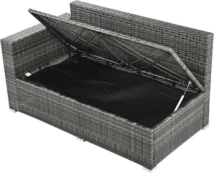 6-Piece Outdoor Furniture Set with Dining Table, Adjustable Seat and Storage Box, All Weather PE Rattan Patio Conversation Sofa L-Shaped Couch for Garden Lawn, Grey Wicker+Beige Cushion